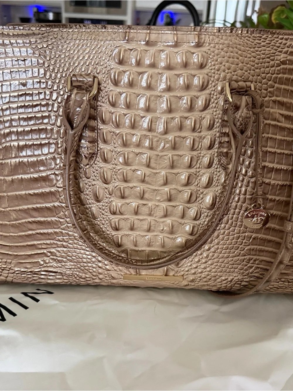 Brahmin Metallic gold Satchel with Croc Embossing